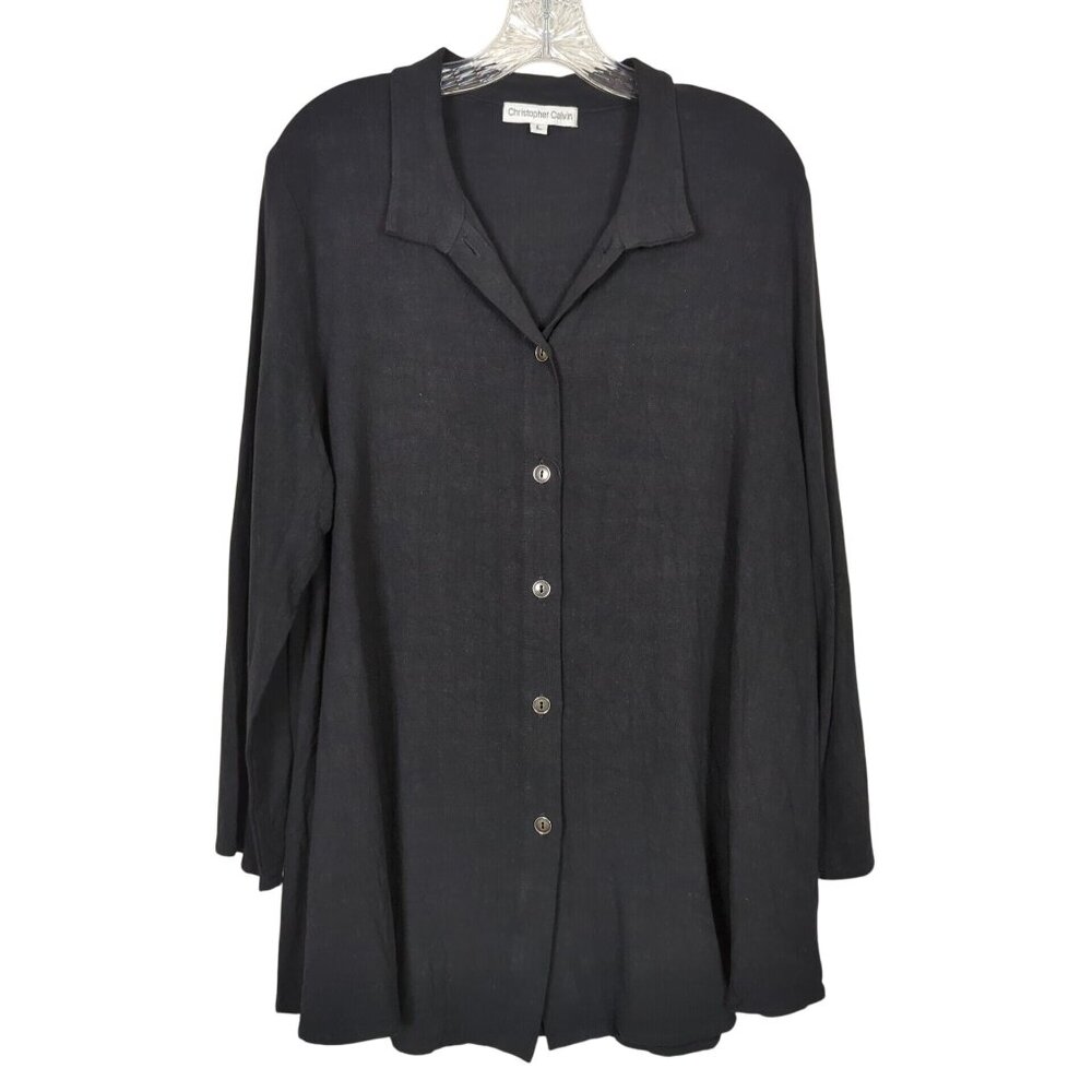 Christopher Calvin Women’s Blouse Black Sz L Button Front‎ Linen Blend Tunic Top